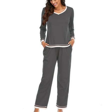 

Pajamas for Women Loungewear Set Relaxed-Fit Color Block Long Sleeve Tee Shirts Straight Wide Leg Pants Pj Lounge Set