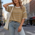 thumbnail image 4 of Craaazy Short Sleeve Tops for Women Plus Size Loose Fit Striped Crew Neck Casual Blouses, Color Block Stripe Cropped Length Summer Shirts for Daily Wear, Office Work, 4 of 7