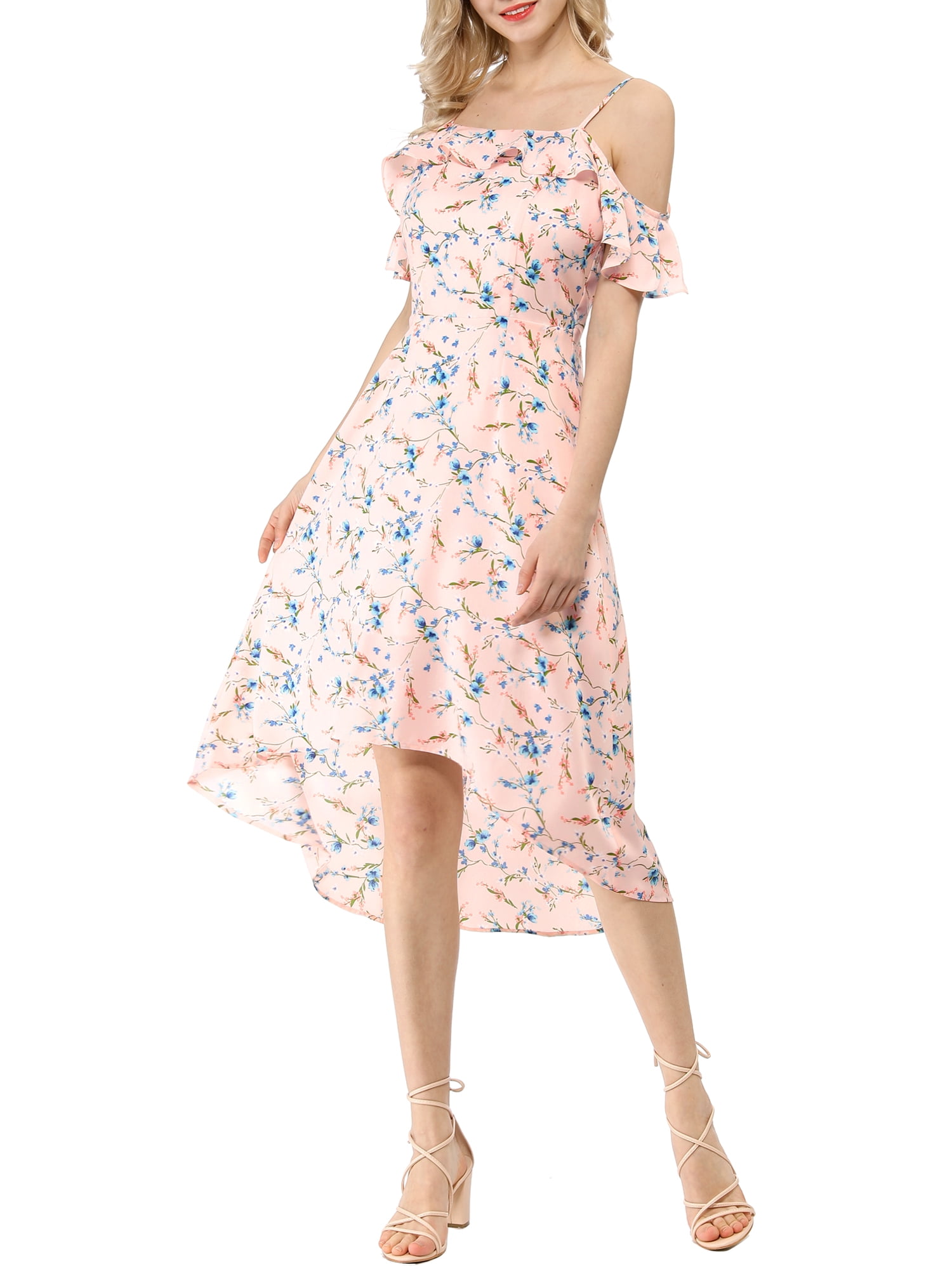 DARING DIVA Floral Spaghetti Straps Ruffled Sleeve Midi Dress S Pink