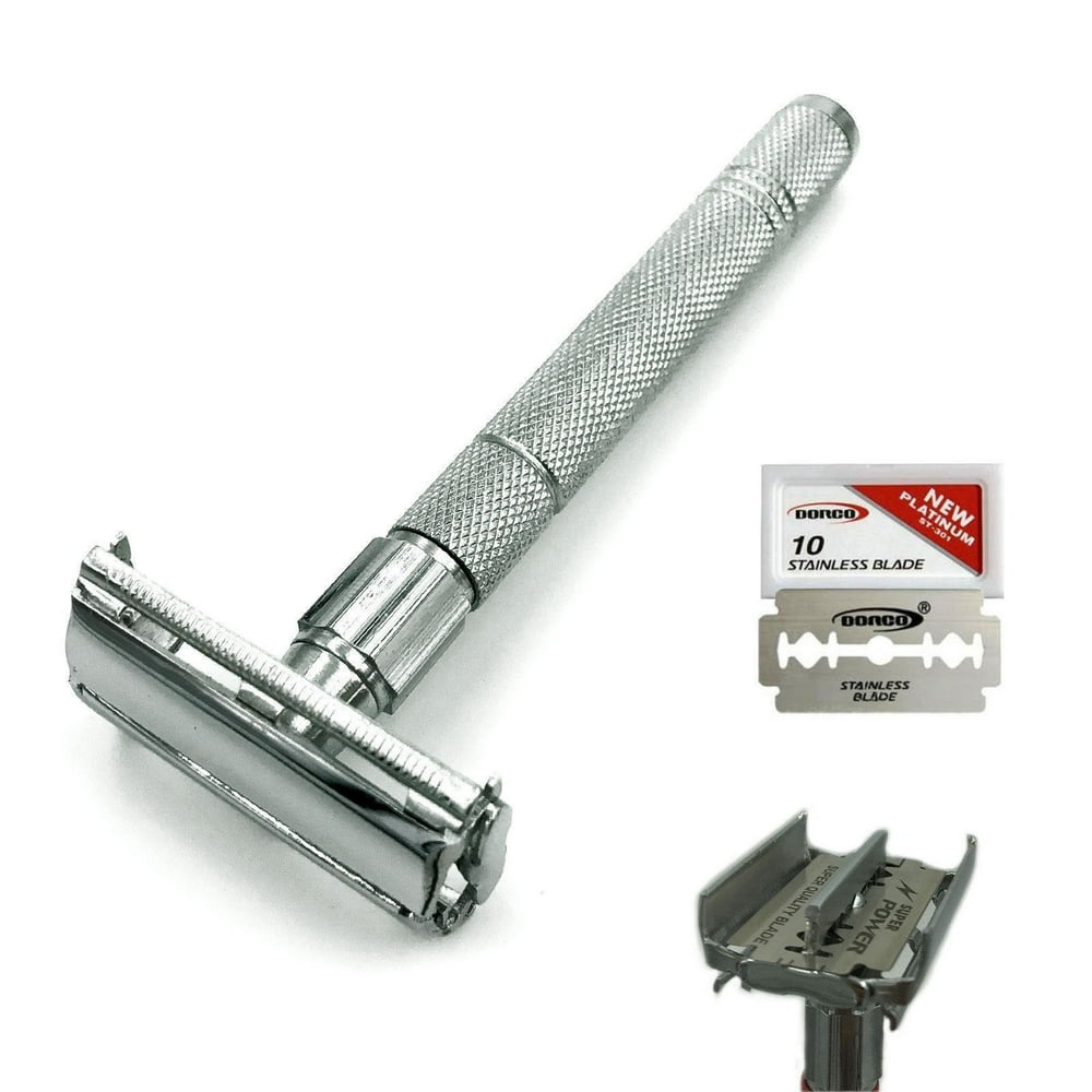 LONG HANDLE DOUBLE EDGE BUTTERFLY OPENING SAFETY RAZOR FOR MEN + 5