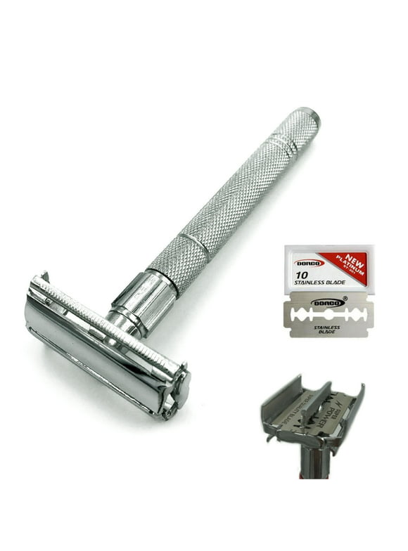 LONG HANDLE DOUBLE EDGE BUTTERFLY OPENING SAFETY RAZOR FOR MEN + 5 SHAVING BLADE