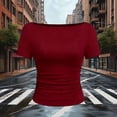 thumbnail image 5 of hoksml Women's Ribbed Boat Neck Elbow Sleeve Top, Side Ruched Slim Fit Crop Shirt for Summer Casual Wear, 5 of 5