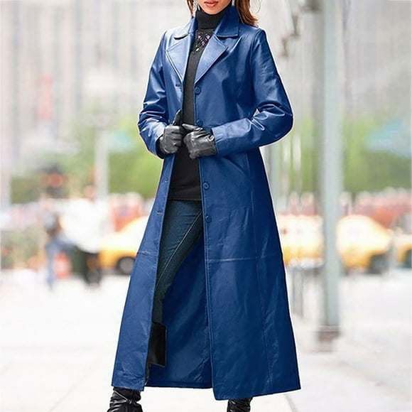 Mikilon Manteau long en cuir solide d'automne et d'hiver pour femmes Manteau coupe-vent en similicuir