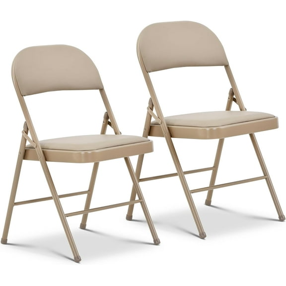 Vinyl Folding Chairs, Padded Vinyl Cushion Chairs with Durable Metal Frame, Indoor Outdoor Stackable Foldable Guest Chairs for Office Wedding Kitchen Dining, 300lb Capacity (Khaki, 2 Pack)