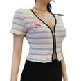 thumbnail image 2 of Seyurigaoka Woman's Rainbow Stripe T-shirt, V-neck Short Sleeve Zipper Tops, 2 of 8
