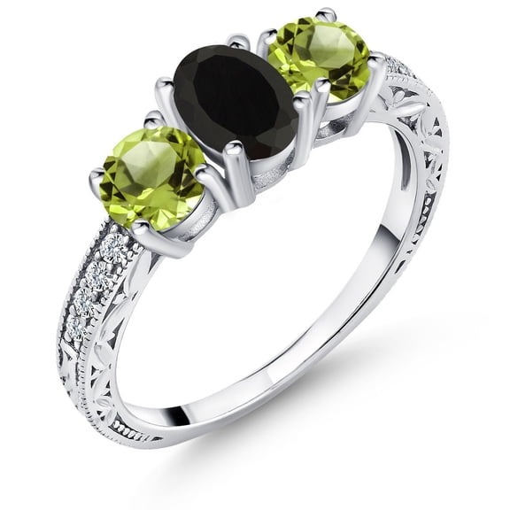 Gem Stone King 1.92 Ct Oval Black Onyx Green Peridot 925 Sterling Silver Ring (Size 6)
