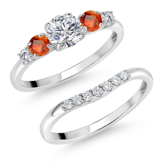 Gem Stone King 10K White Gold White Lab Grown Diamond and Orange Sapphire 5 Stone Bridal Engagement Wedding Ring Set for Women (0.93 Cttw, Round: 5MM and 3MM, Size 8)