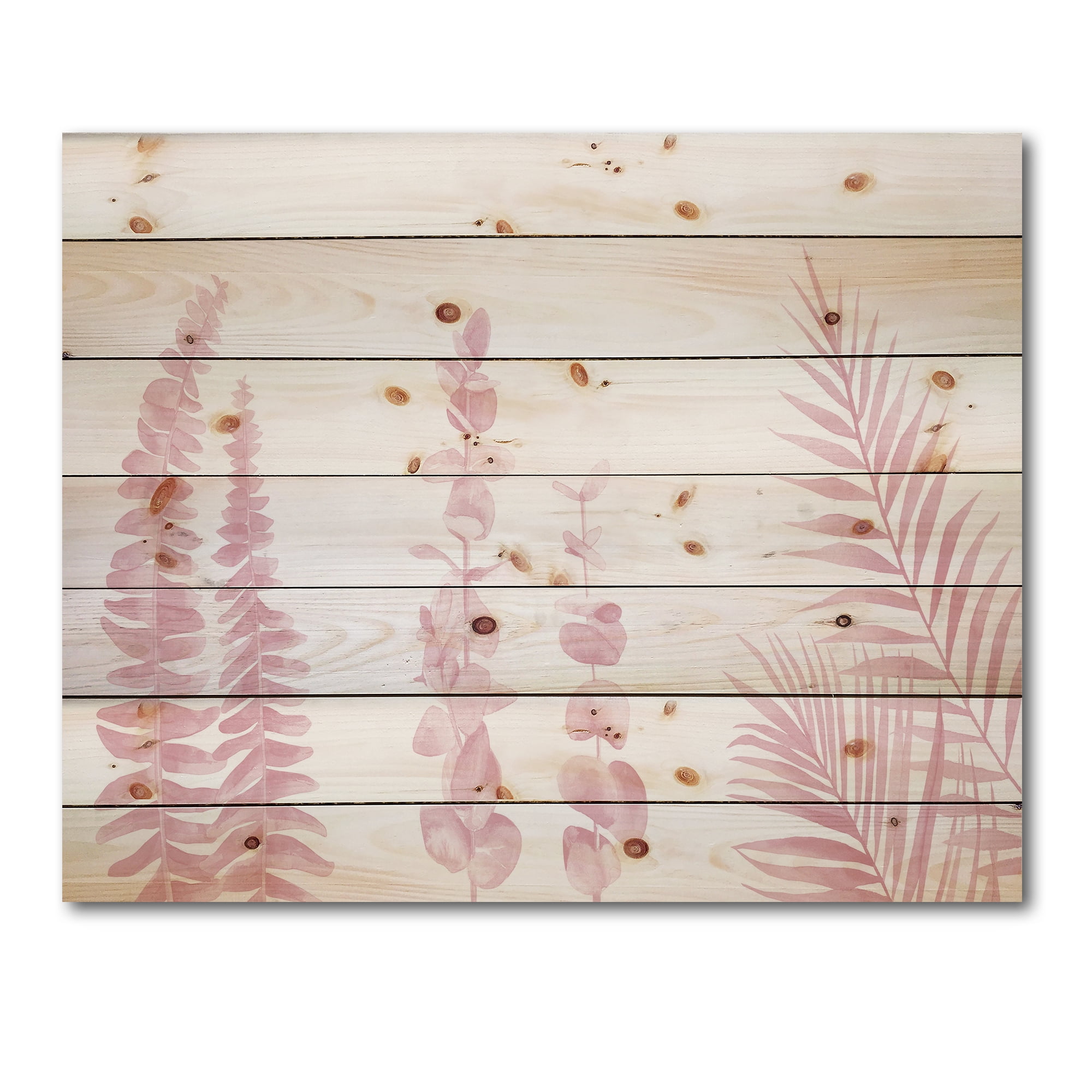 Designart 'Palm Branches and Blush Pinkeucalyptus' Shabby Chic Print on Natural Pine Wood