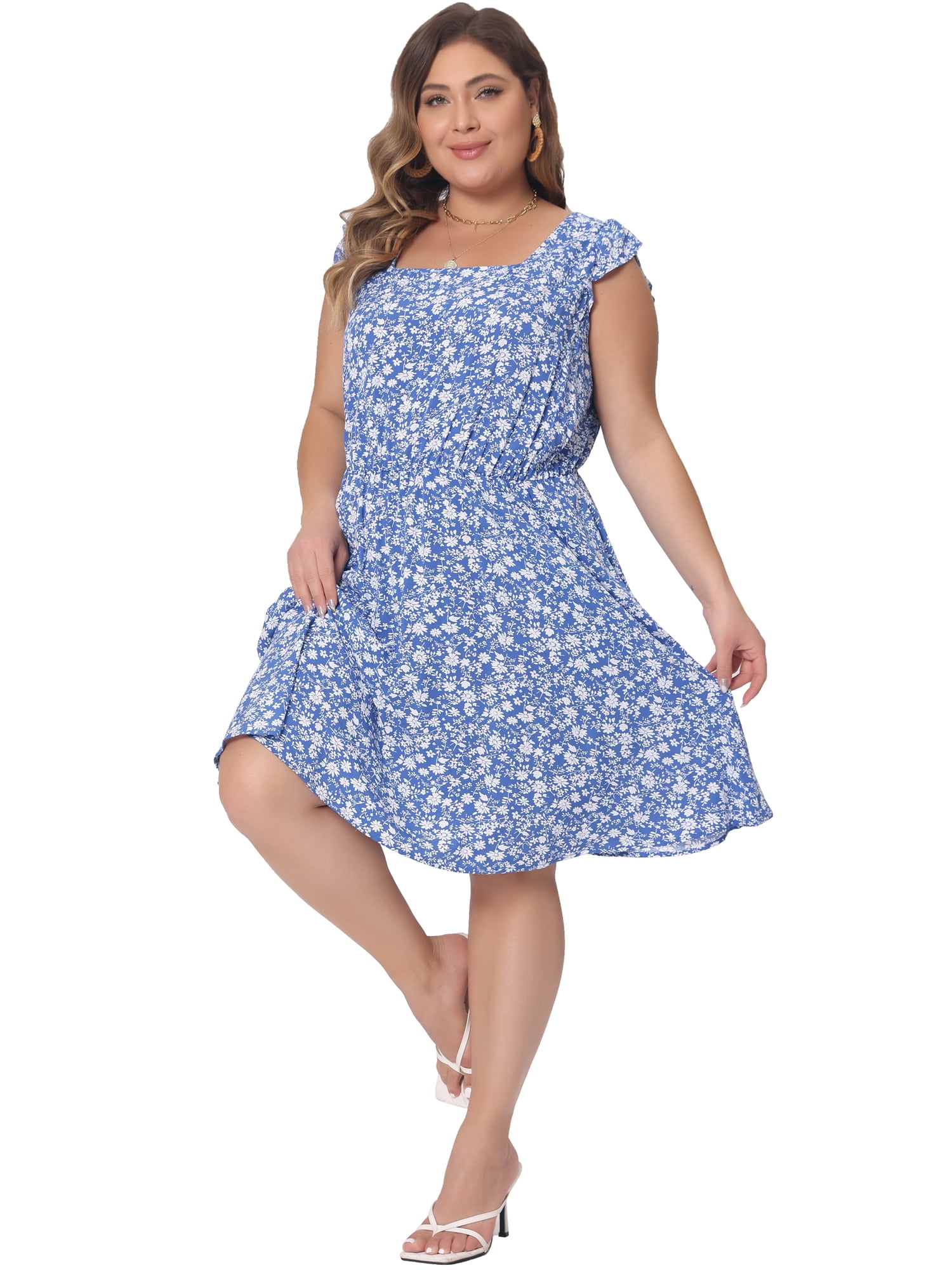 DARING DIVA Women's Plus Size Square Neck Ruffle Short Sleeve Midi Dress 4X Blue