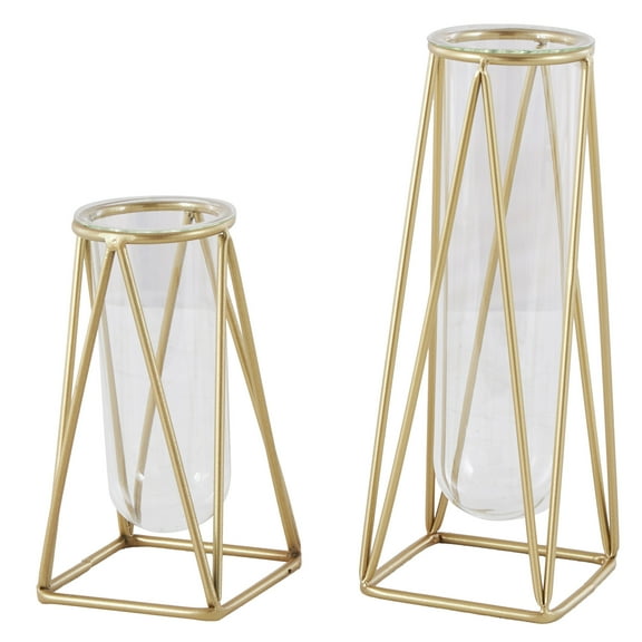 DecMode 9", 13"H Geometric Tube Gold Glass Vase with Metal Stand, Set of 2