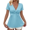 thumbnail image 3 of Yievot Womens Front Knotted V-Neck Blouses Summer Pleated Short Sleeve Tunic Tops Solid Casual Pullover Tops, 3 of 8
