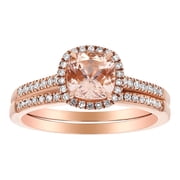 14K Rose Gold 1.25 carat Cushion Pink Morganite and Diamonds Halo Bridal Set by Hollywood Hills Jewelers