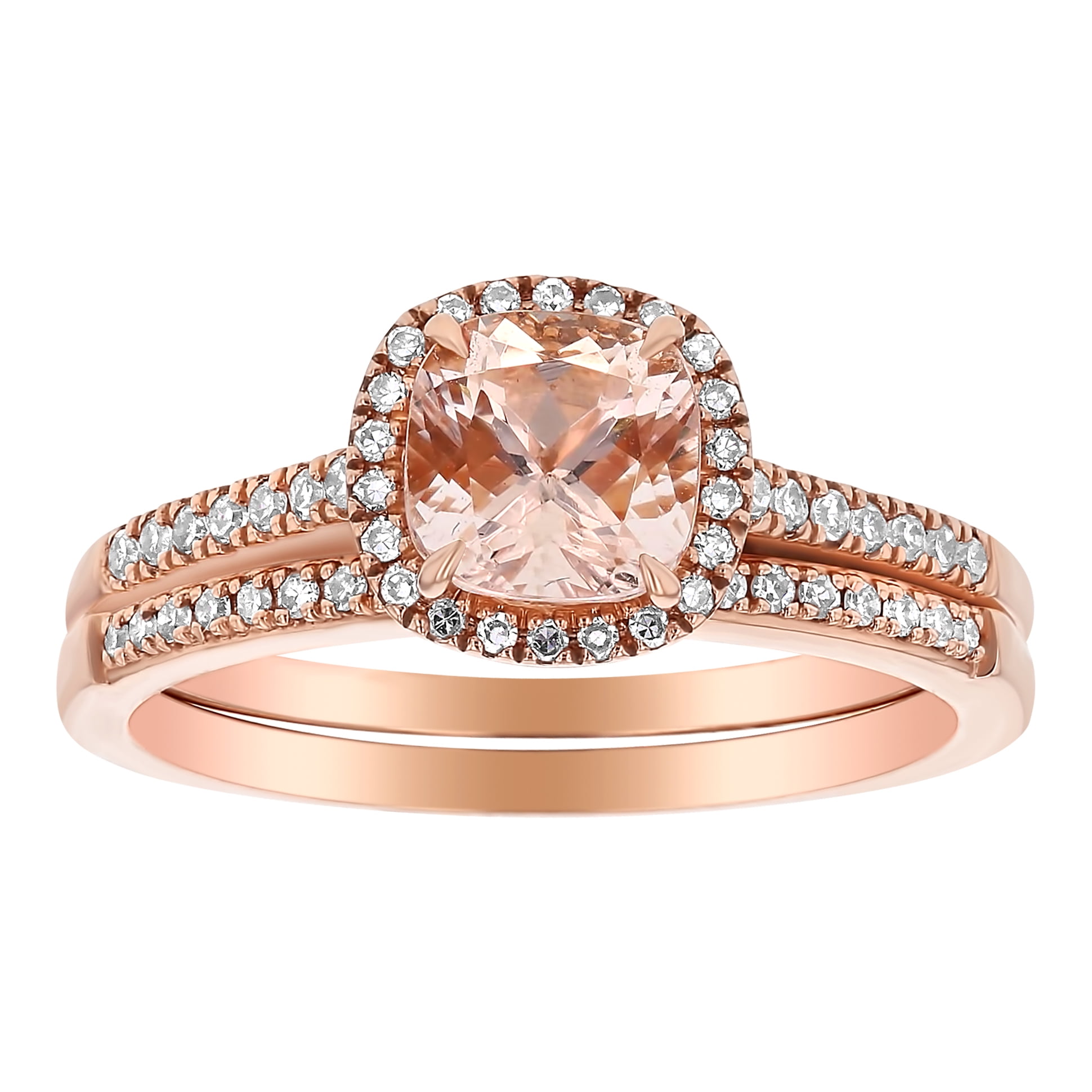 14K Rose Gold 1.25 carat Cushion Pink Morganite and Diamonds Halo Bridal Set by Hollywood Hills Jewelers