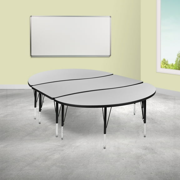 Flash Furniture Emmy 2 Piece 86" Oval Wave Flexible Grey Thermal Laminate Activity Table Set - Height Adjustable Short Legs