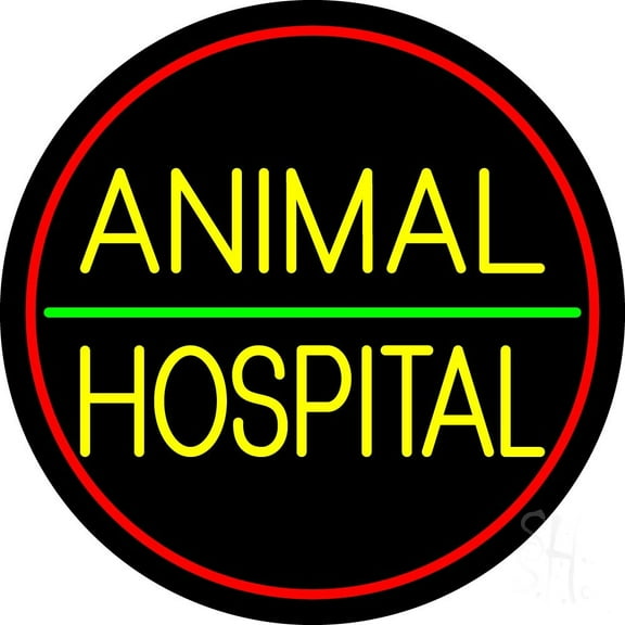 Animal Hospital Red Circle LED Neon Sign 26" Tall x 26" Wide - inches Black Square Cut Acrylic Backing, with Dimmer - Premium built indoor Sign for Club, Home décor, Event, Workshop, Storefront.