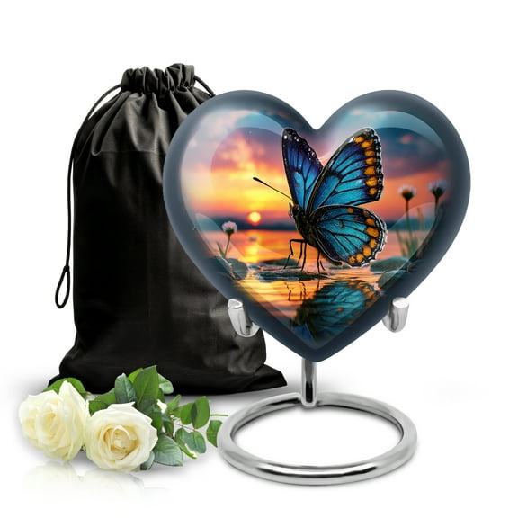 SABURIAL Butterfly Urns for Adult Human Ash - Heart Shape Handmade Memorial Urn for Ashes - Decorative Burial Cremation Urns for Men & Women Ash - Tribute Funeral Urn - 8 Inch - Large with Velvet Bag