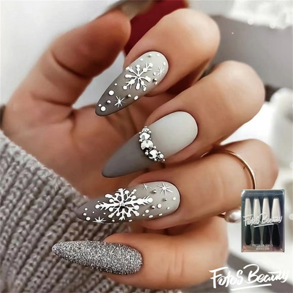 Fofosbeauty 24 pcs Almond Fake Nails Tips, Medium Press on French Nails, Christmas Silver Silent Night