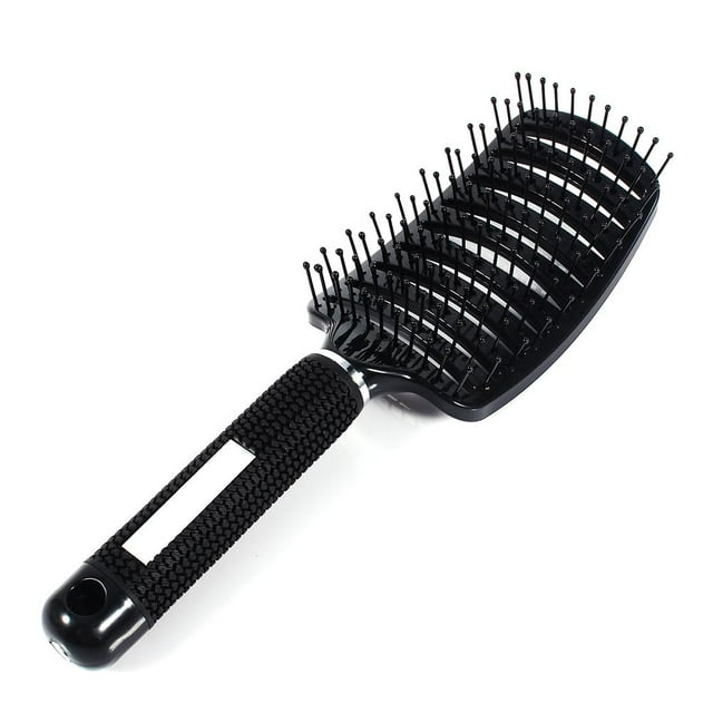 doble el cepillo del peine del pelo, peine curvado antiestático del pelo de la rejilla de ventilación para el pelo que humedece/peina el cepillo de pelo con estilo ventilado masajeador(#1) eotvia no Cepillo curvado negro Eotvia, vista 3/4 frontal; mango de caucho texturizado, almohadilla de rejilla ventilada con filas de cerdas rematadas en bolitas y base flexible que se dobla para ajustarse al cuero cabelludo, longitud 26 cm, adecuado para peinar y uso con secador.