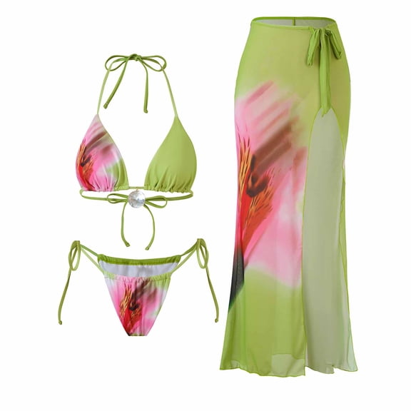 Womens 3 Piece Bikini with Cover Up Skirt Halter Bandeau Triangle Thong Swimsuit Floral Tie Side Bathing Suits