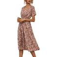 thumbnail image 2 of Women Summer Floral Print V-Neck Dress Short Sleeve High Waist Midi Slim-Fit A-Line Dresses Beach Streetwear, 2 of 10