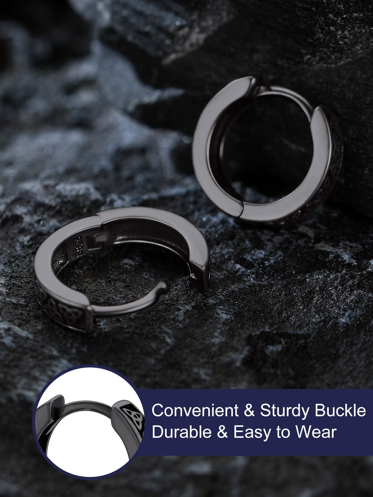 Bandmax 10MM 925 Sterling Silver Black Huggie Earrings for Men Tiny Triangle Celtic Knot Hoop Earrings for Boyfriend Husband Father Son Gift