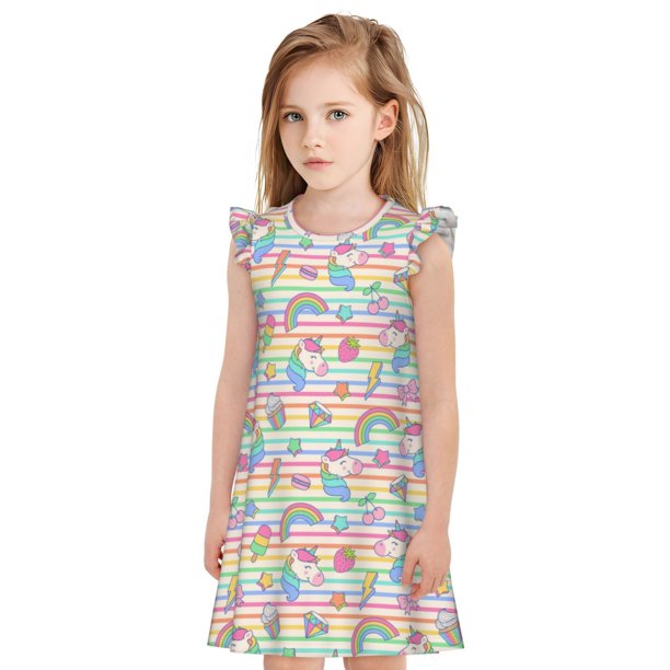 Balery Cute Unicorn Camisón de princesa para niñas, pijama de algodón con mangas abullonadas, suave y bonito.-Small