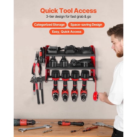 Power Tool Organizer Wall Mount 3-Layer Storage Rack with 4 Drill Holders Tools Holder and Storage Rack with Side Pegboards Garage Tool Organizer for Garage Workbench and Workshop