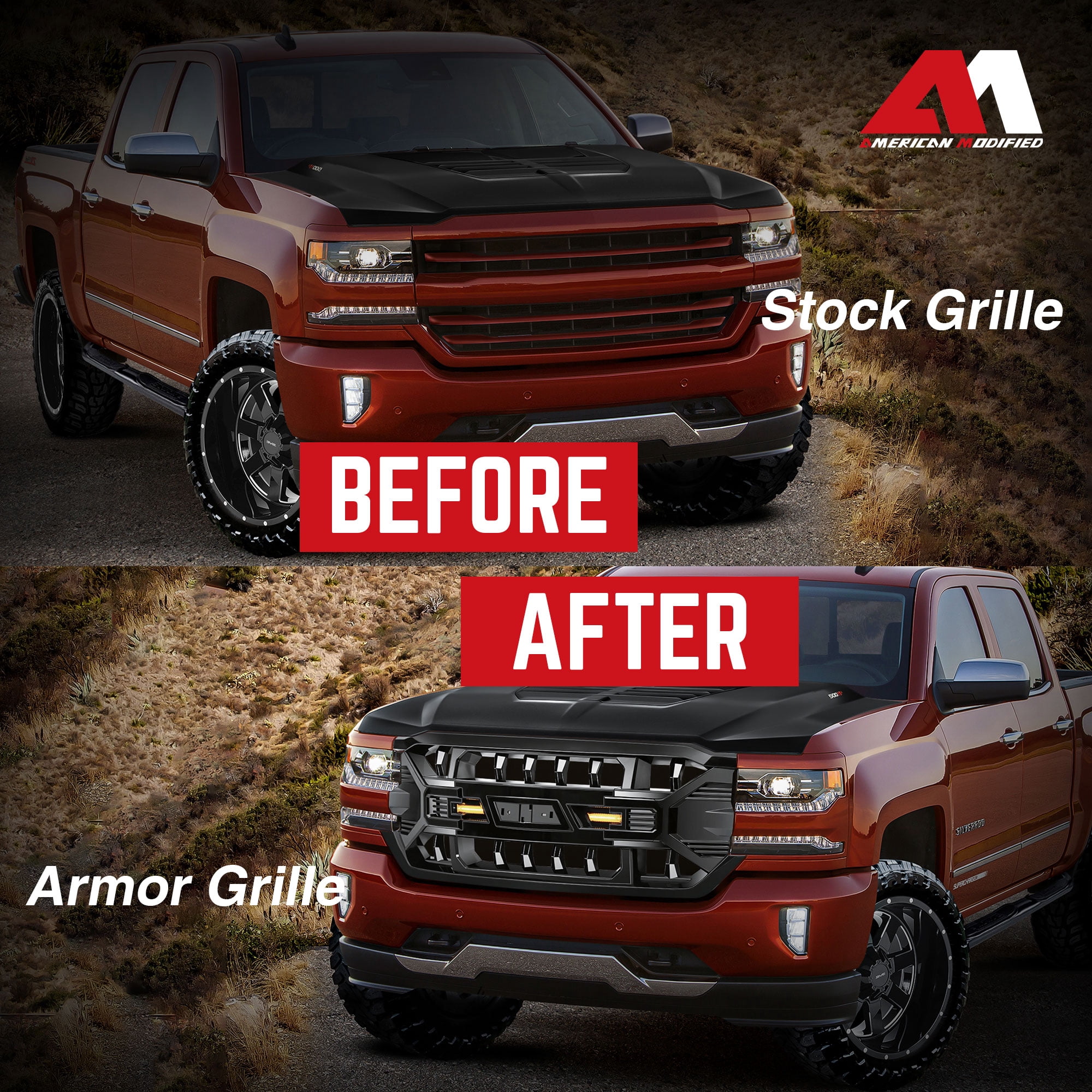 AMERICAN MODIFIED Armor Grille for 16-19 Chevy Silverado 1500, Glossy Black