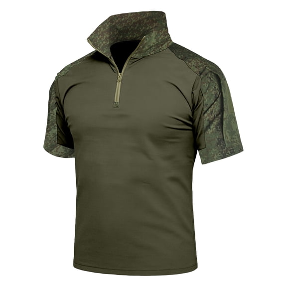 Tactical Camo Shirts for Men with Short Sleeves and Zipper Collars Featuring Breathable Fabric for Outdoor Hiking Gym Workouts Weekend Adventures Backyard Bbqs Army Green L