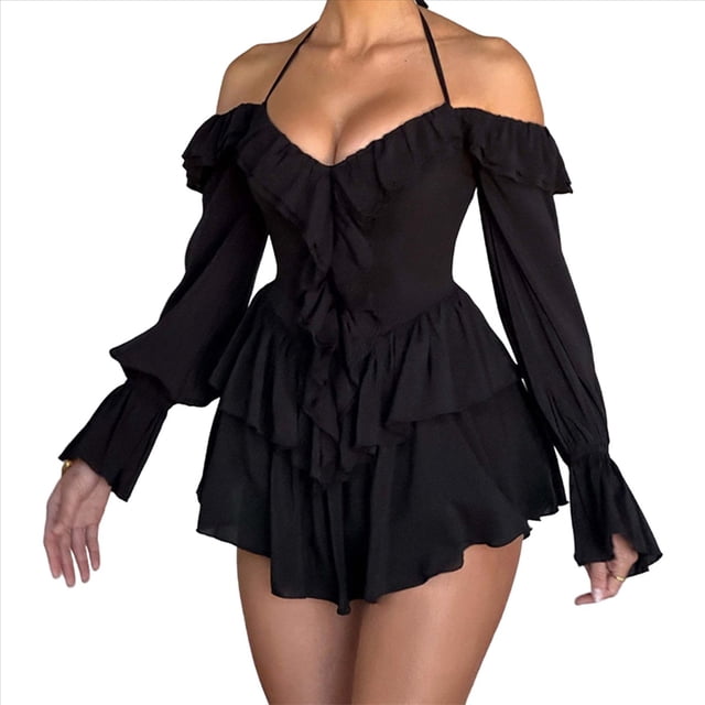 Vestido Midi para Mujer, Disfraz de Halloween, con Hombros Descubiertos, Estilo Hada Mariposa, para Fiesta de Cosplay, con Pañuelo Negro M
