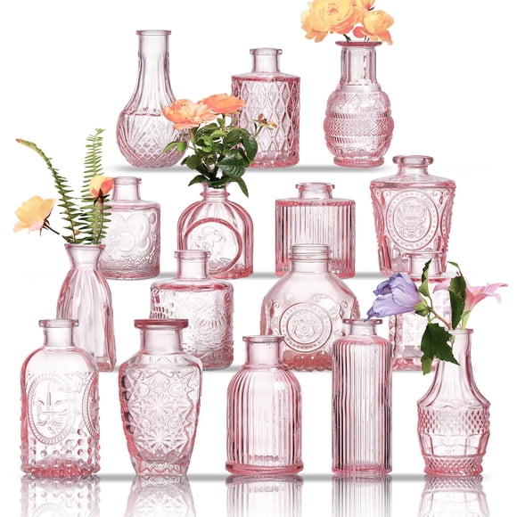 Jarrones Glass Bud ODBCYWM de cristal rosa vintage, juego de 16