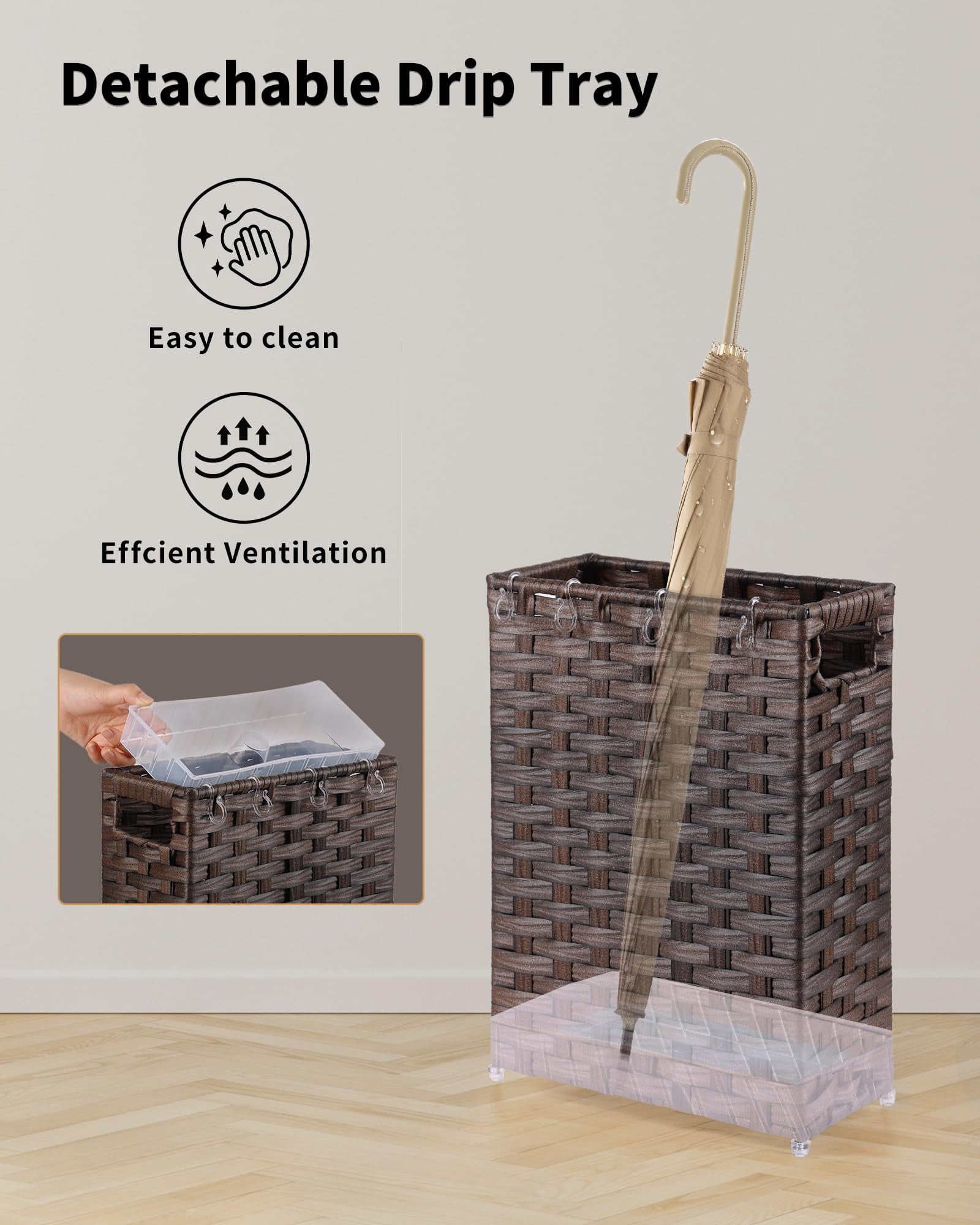 Rattan Umbrella Stand, Umbrella Holder for Entryway, Hand Woven Umbrella Rack Organizer Freestanding, with a Detachable Drip Tray, 4 Hooks, 11.8" L x 5.5" W x 16.5" H