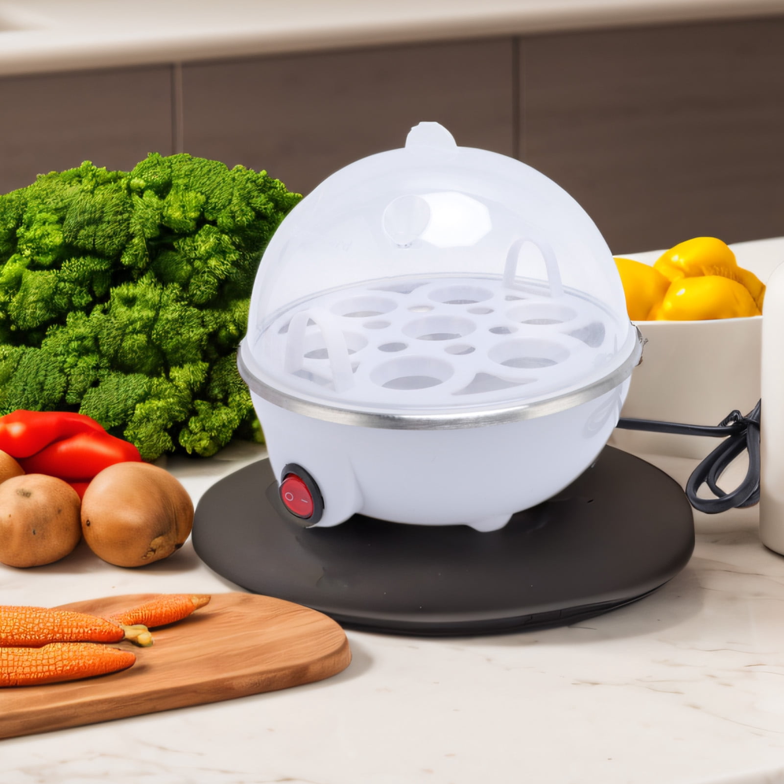 Rupoun Portable Rapid Egg Boiler, 7 Capacity Automatic Egg Steamer, 350W Electric Egg Cooking Machine for Healthy Snacks, White - 6.3 inches / 16 cm