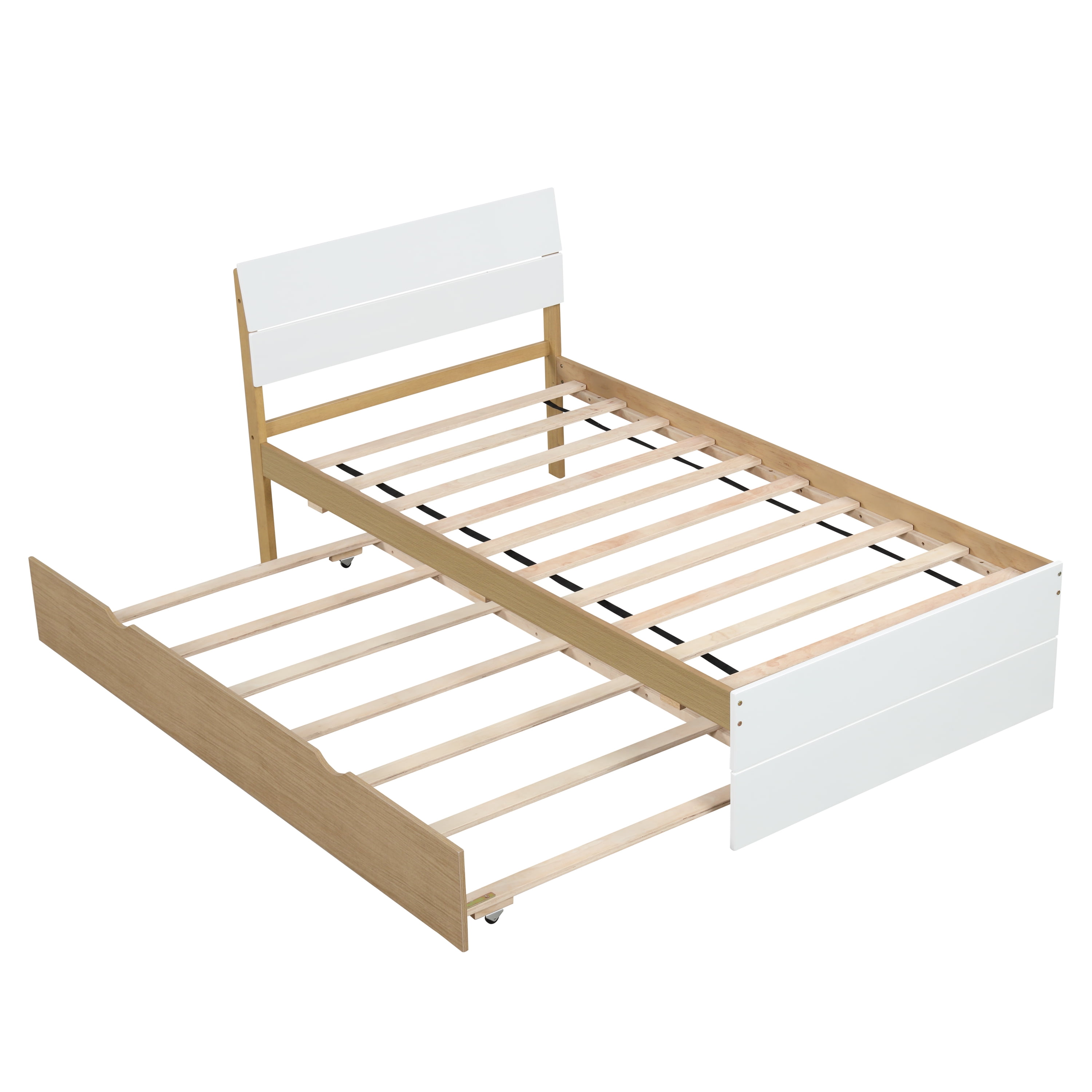 Miniyam Wood Twin Size Bed Frame with Trundle for Kids and Teens, Space-Saving, Oak