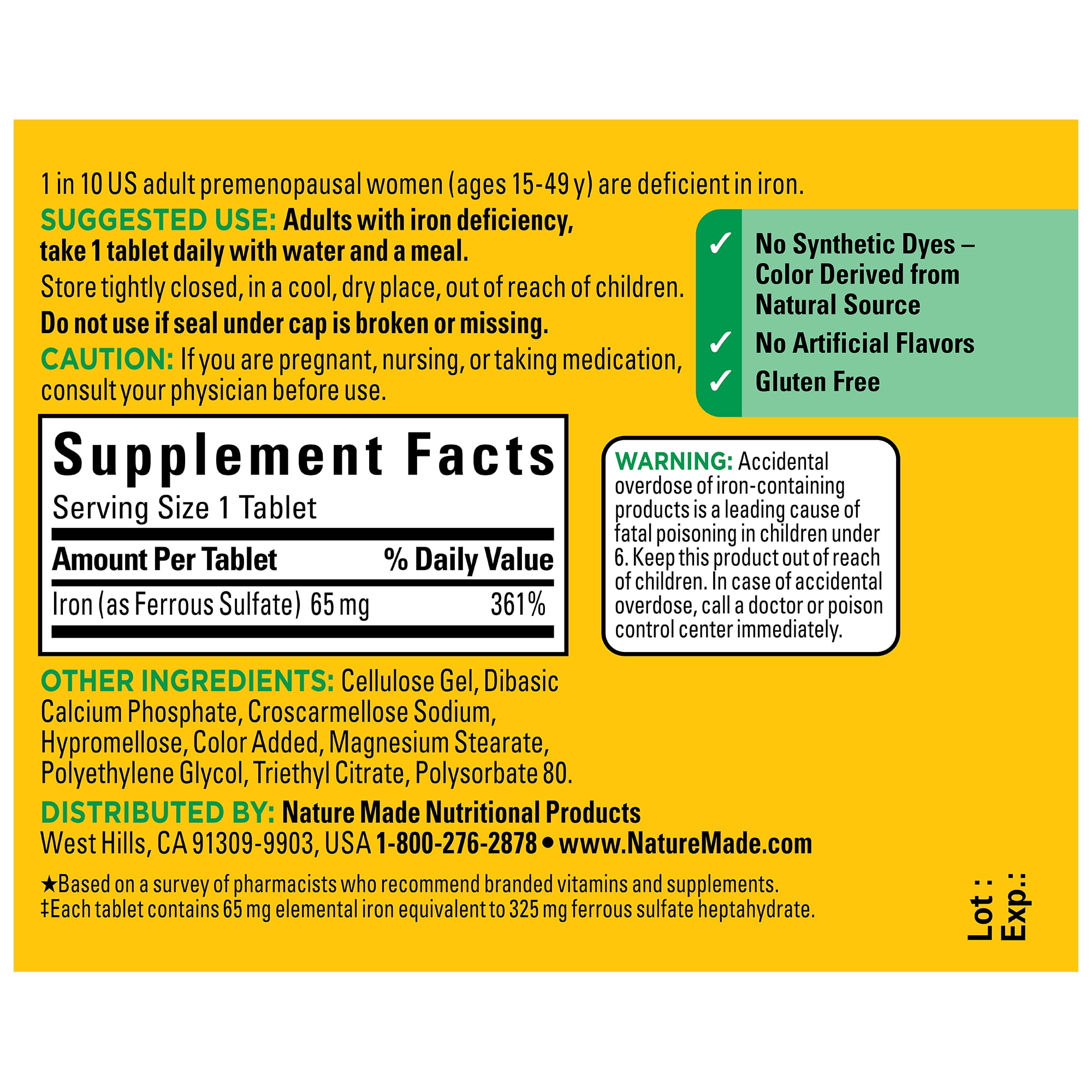 Nature Made Iron 65 mg (325 mg Ferrous Sulfate) Tablets, Dietary  Supplement, 190 Count