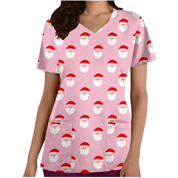 Xfvqtps Christmas Scrub Tops for Women Soft V-Neck Scrubs Comfortable Lightweight Nursing Uniforms Casual Printed Short Sleeve Nurse Top Working Uniforms with Pockets Pink