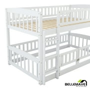 Bellemave Twin over Twin Bunk Bed , Floor Bunk Bed with Slide, Ldder, Door Openable Fence, Wooden Bunk Bed (White)