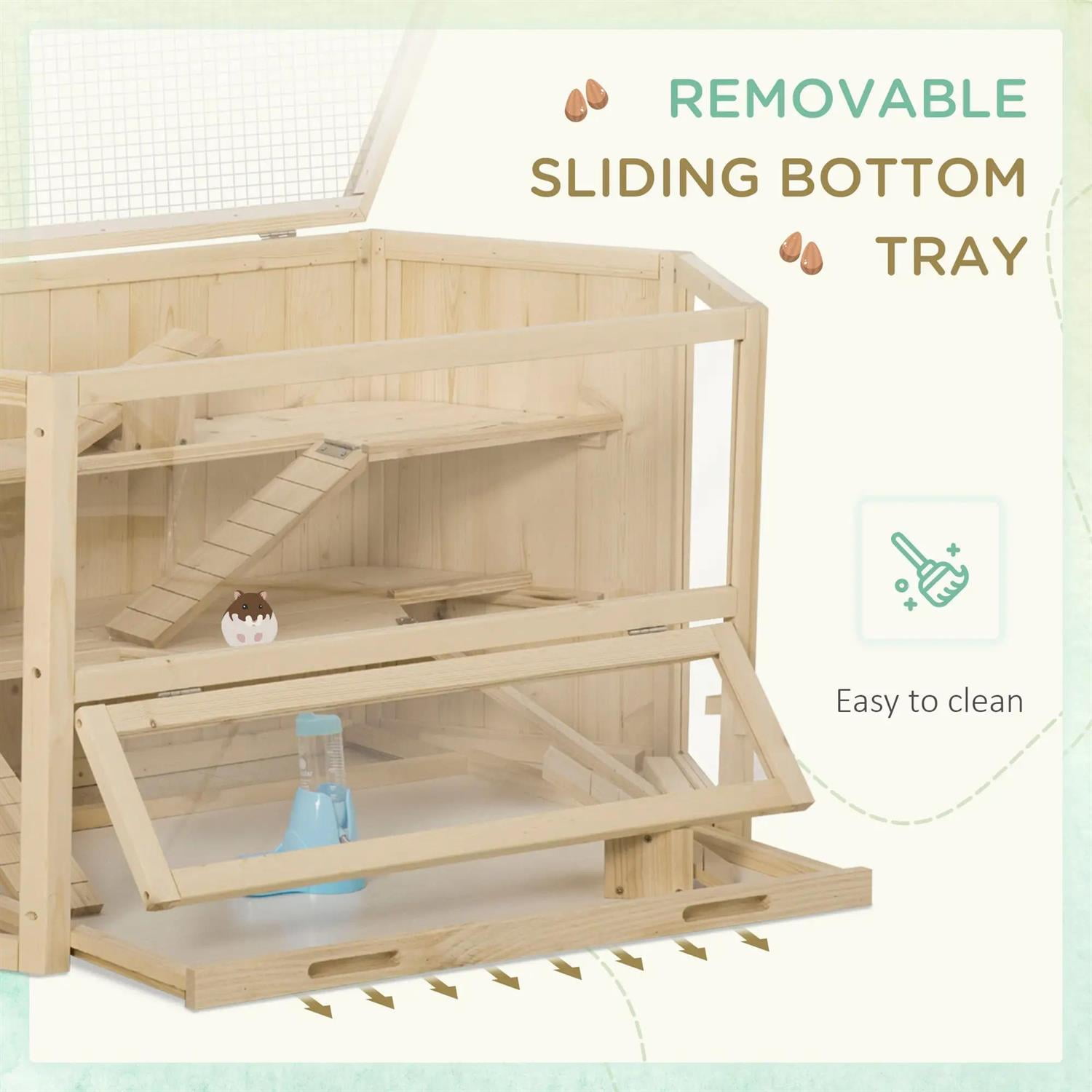Pefilos 3 Tier Wooden Hamster Cage with Tray, Seesaws, Water Bottle, Small Animal Cage for Syrian Hamsters Degus or Other Similar, Beige