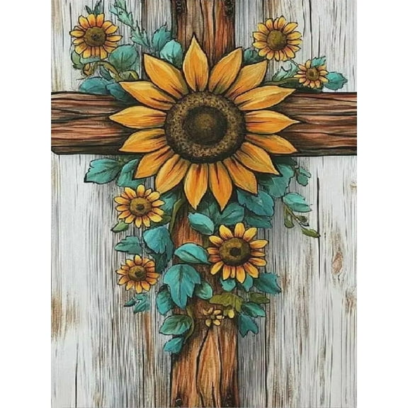 Sunflower Flower Diamond Art Kit for Adults, DIY Religious Cross 5D Diamond Painting Kit Round Diamond Dots for Beginners, Full Diamond Paint Diamond Picture Gem Art Home Decor, Unframed.,Flores-1,A