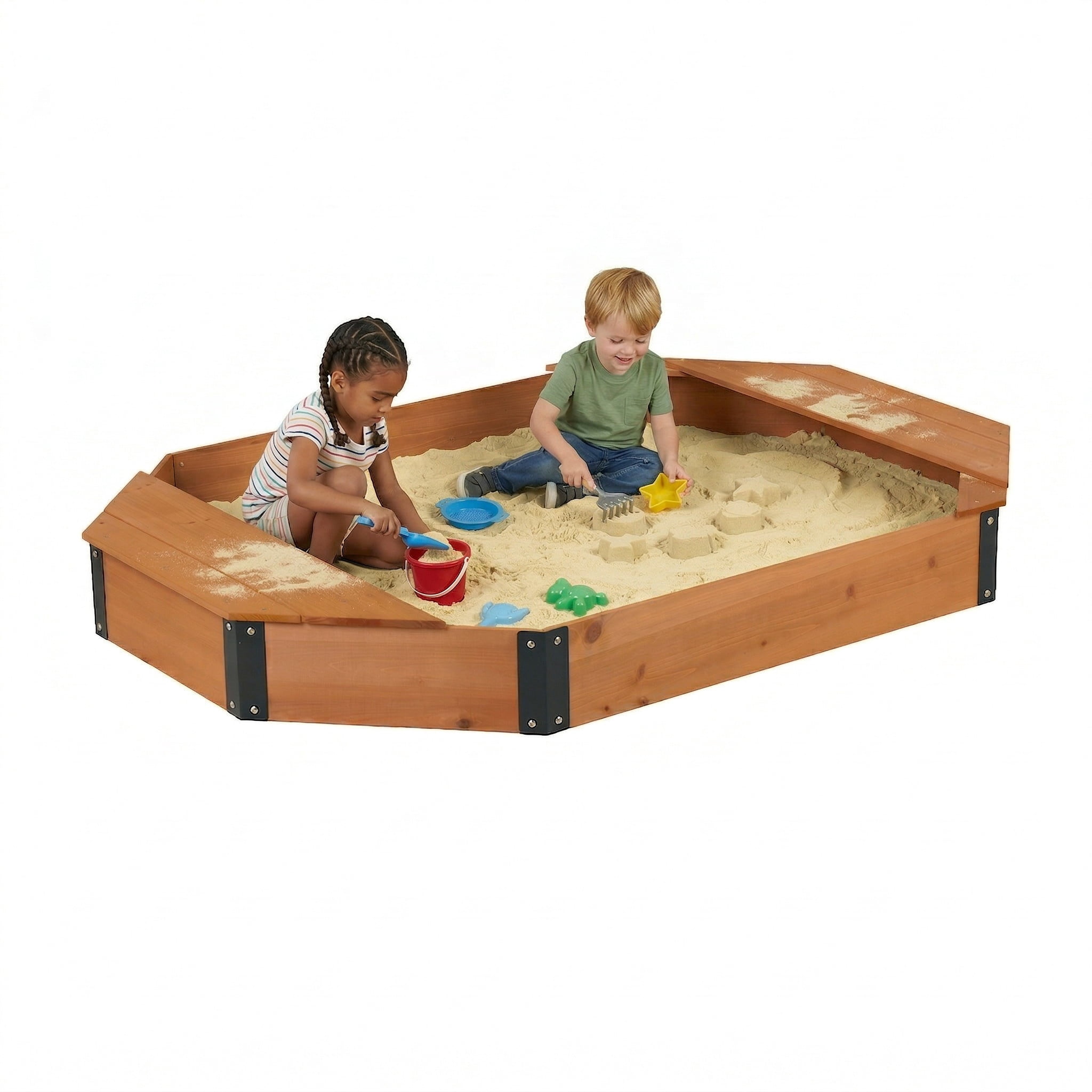 Kids Sandbox, Octagon Solid Wood Sand Pit with Cover Liner Storage for Backyard Patio Outdoor Children Play Area, Reddish Brown