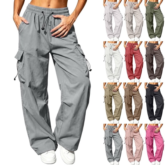 Women Solid High Waist Wide Leg Cargo Pants, Drawstring Elastic Waist Casual Sports Workwear Trousers with Multi Pockets Dark Gray XS