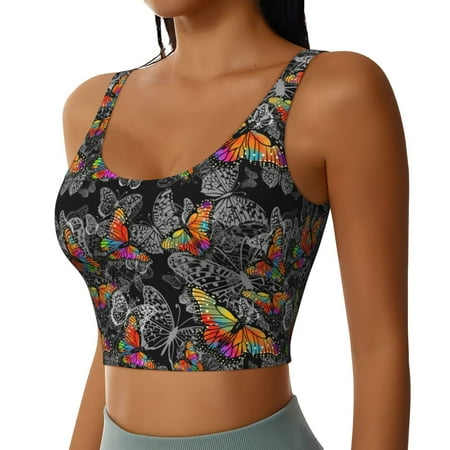Haiem Multicolored Butterflies C Pattern Womens Sports Bra - U Neck Padded Low Impact Yoga Bra Workout Crop Top Gym Moisture-Wicking Workout Vest -X-Large