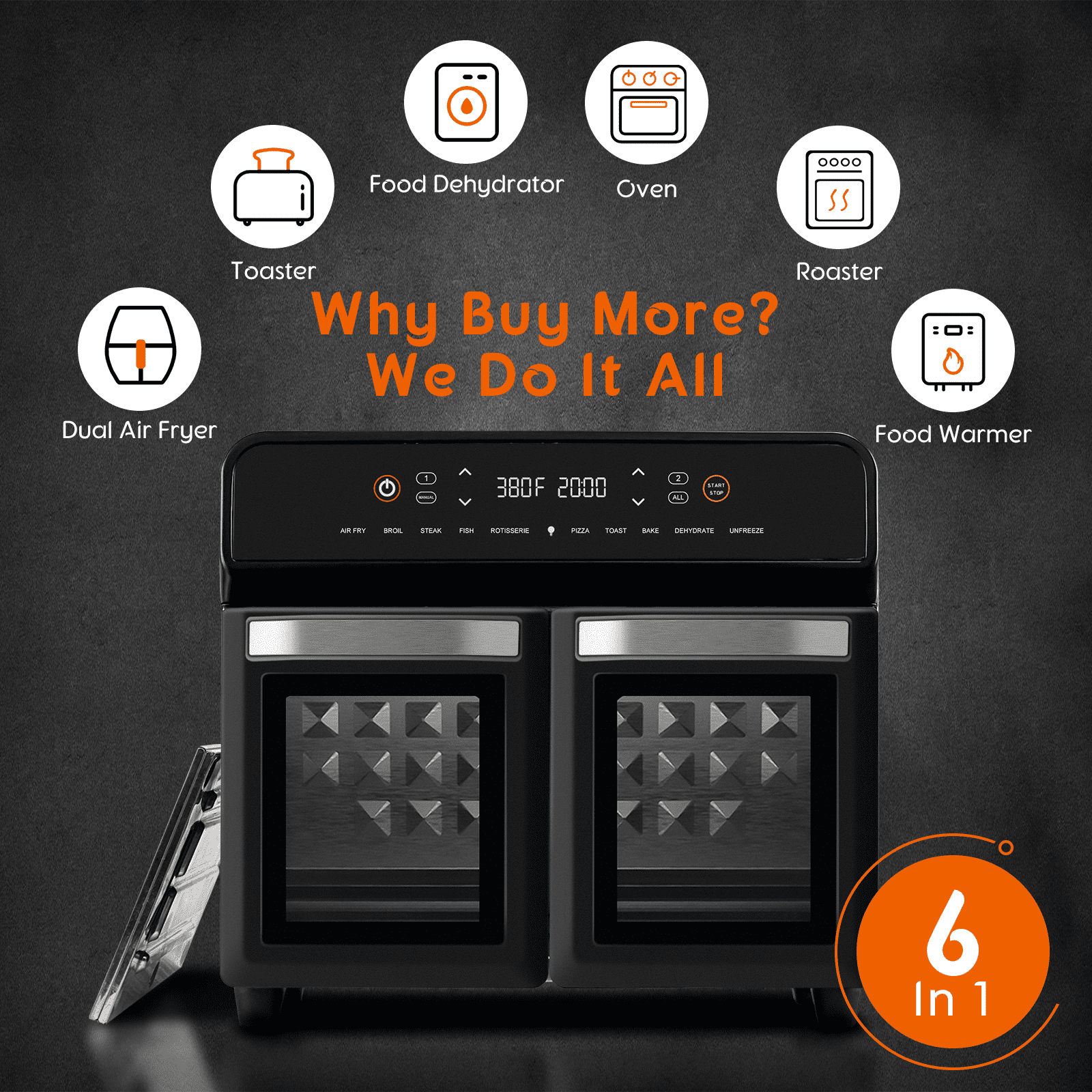 24QT Dual Zone Air Fryer Oven With Rotisserie,10-In-1  Internal Stainless Steel Toaster Oven Air Fryer Combo 1800W For Family Cooking