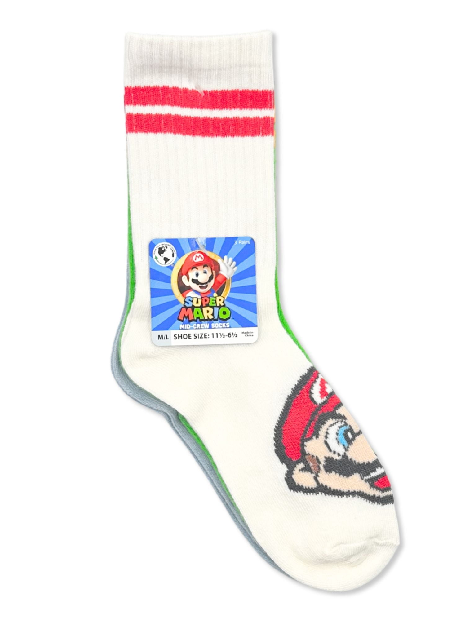 Super Mario Boys Mid-Crew Socks, 3-Pack Sizes S/M-M/L