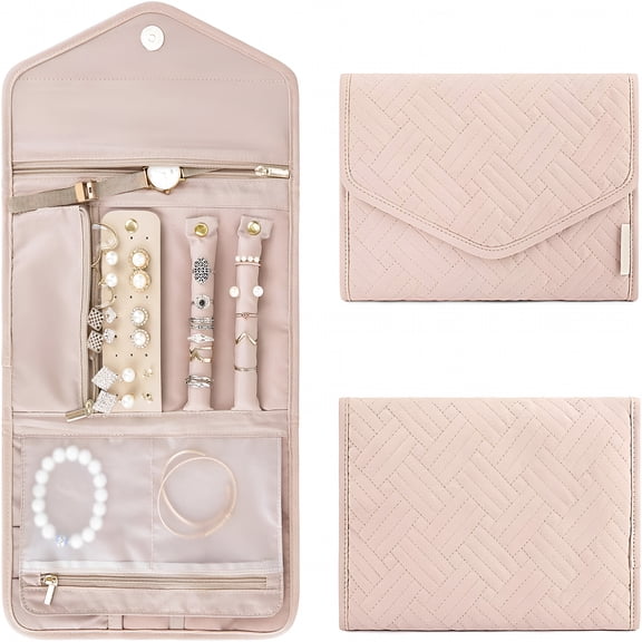 AOMRCOL BAGSMART Travel Jewelry Organizer Roll Foldable Jewelry Case for Journey-Rings,Necklaces,Bracelets,Earrings,Soft Pink