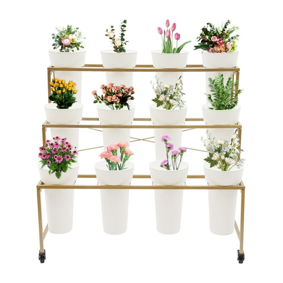 Floral Arrangement Stand, 3-Tier Gold Metal Frame, 12 White Round Buckets, Mobile with 4 Wheels, Ideal for Florists and Events