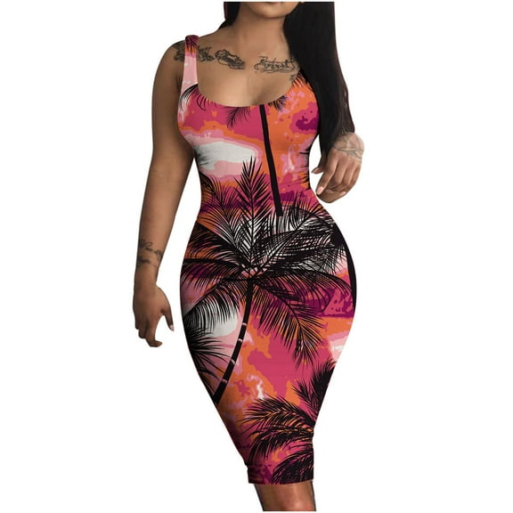 USSUMA Womens Sundresses Summer Casual Knee Length Club Pencil Bodycon Sexy Midi Party Beach Dress Tropical Hawaiian Sleeveless Sun dresses for Women Plus U Neck Dresses Vacation