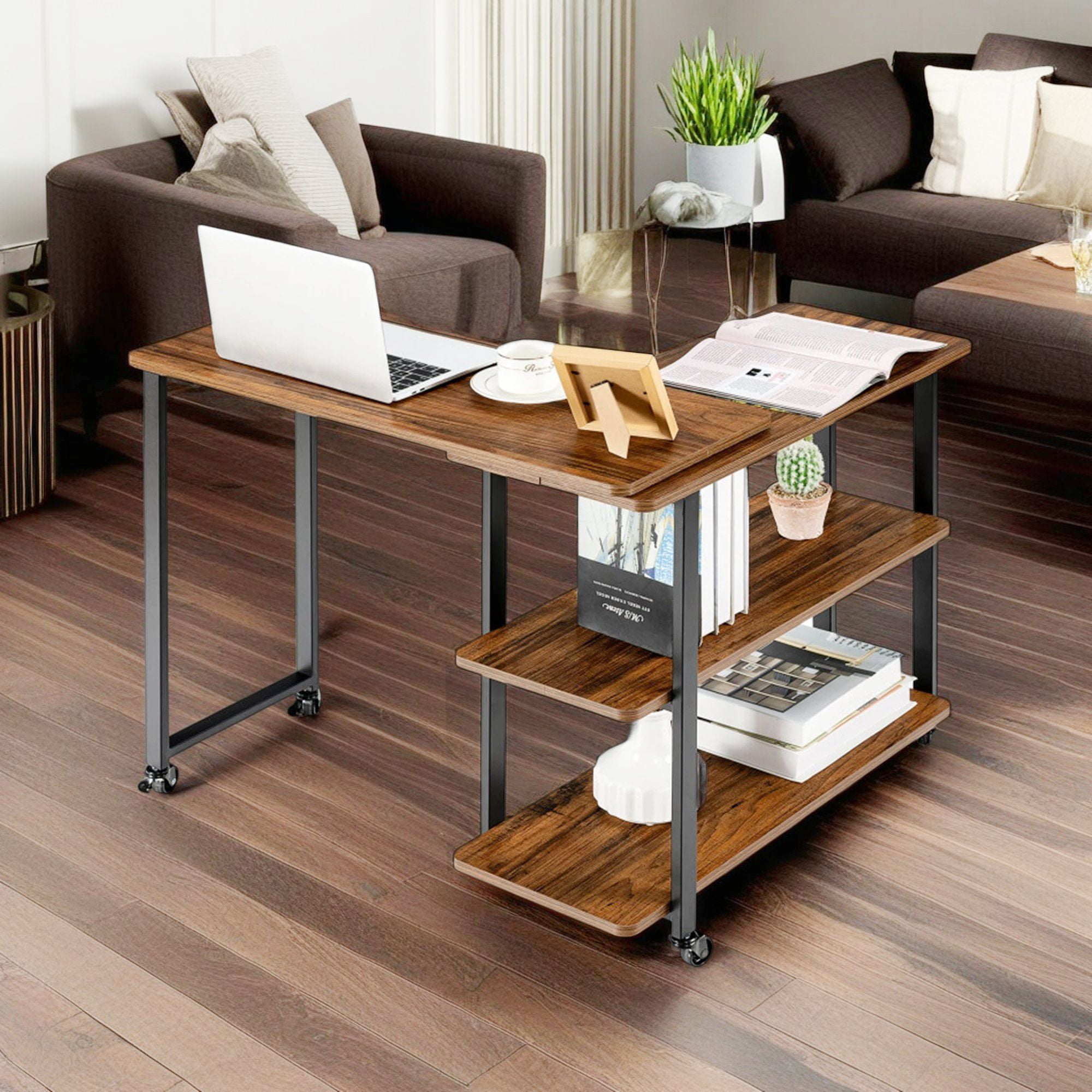 Demi Bonn 360° Free Rotating Sofa Side Table, Couch Table, Snack Table, End Table with Storage Shelves and Wheels for Home, Office, Brown