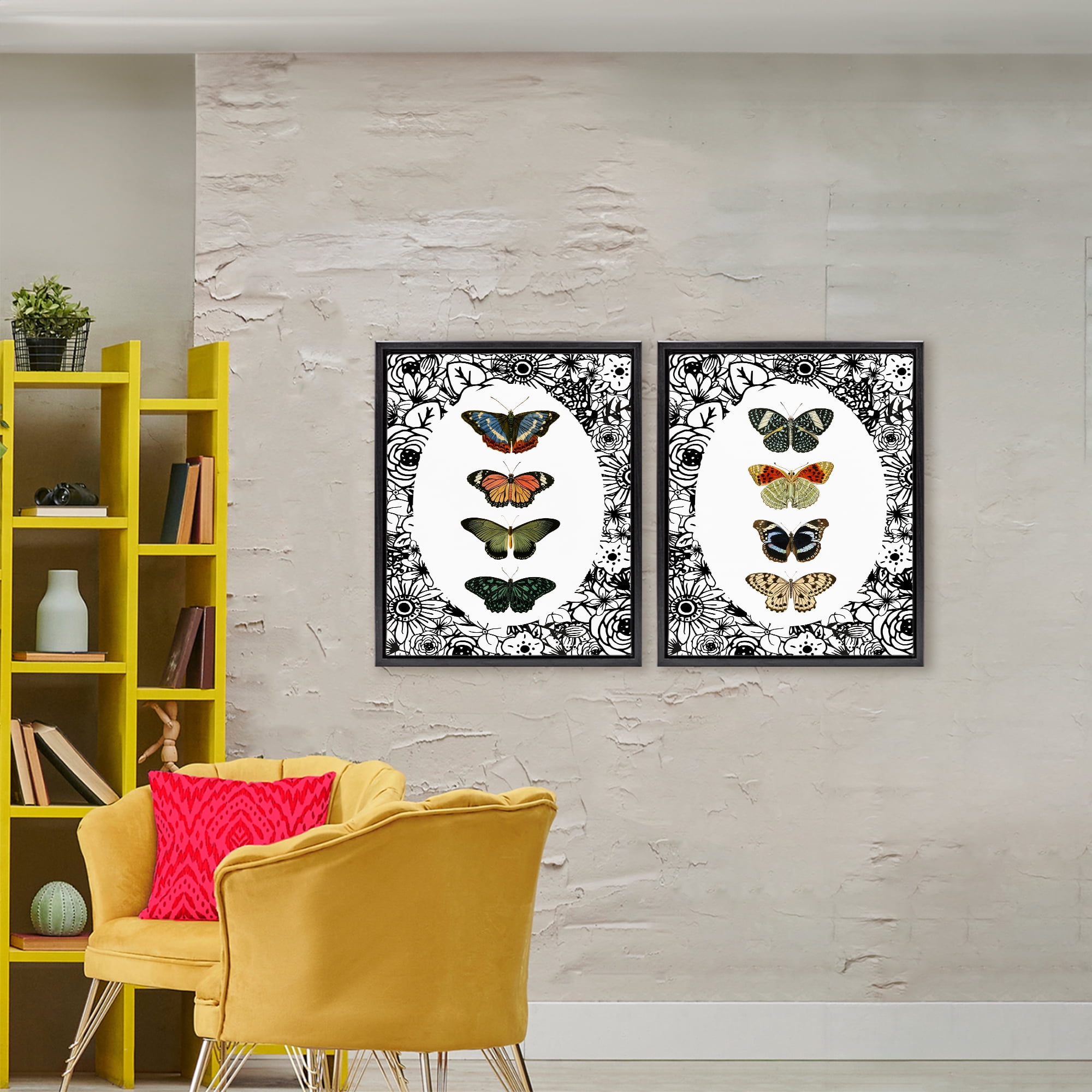Stupell Industries Floral Butterflies Lineup 2 Piece Black Framed Floater Canvas Set, design by Dan Meneely