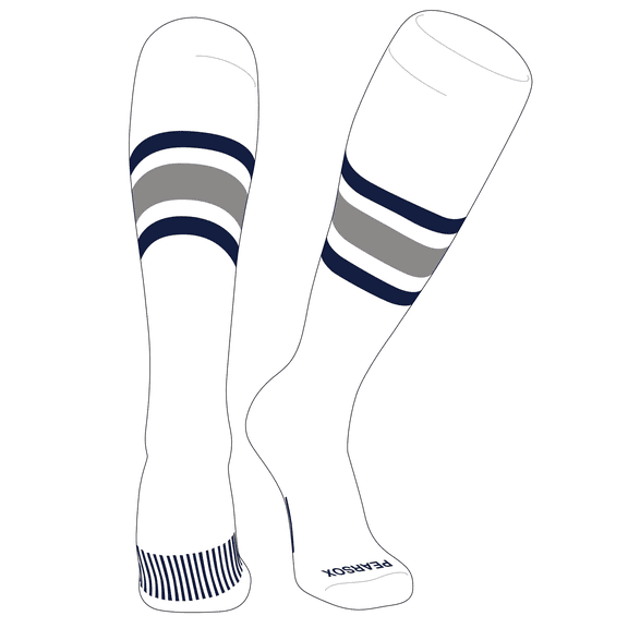 PEAR SOX Striped OTC Baseball, Softball, Football Socks (B) White, Navy, Silver (XS)